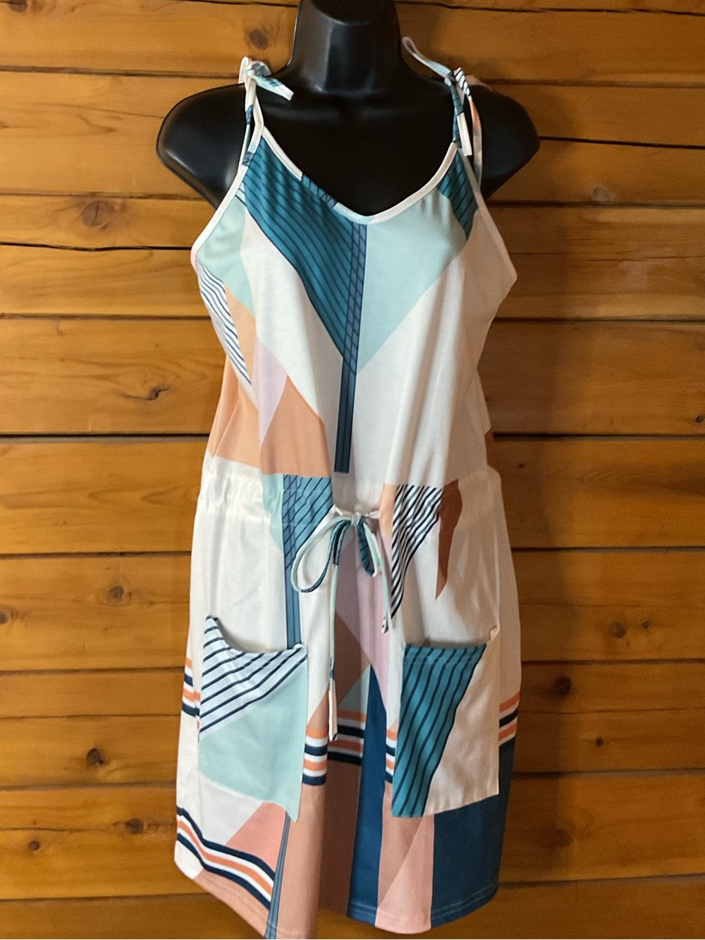 Abstract Geo-Print Midi Dress with Drawstring Waist - Blue/Peach